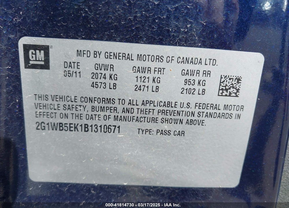 2011 CHEVROLET IMPALA VIN: 2G1WB5EK1B1310671