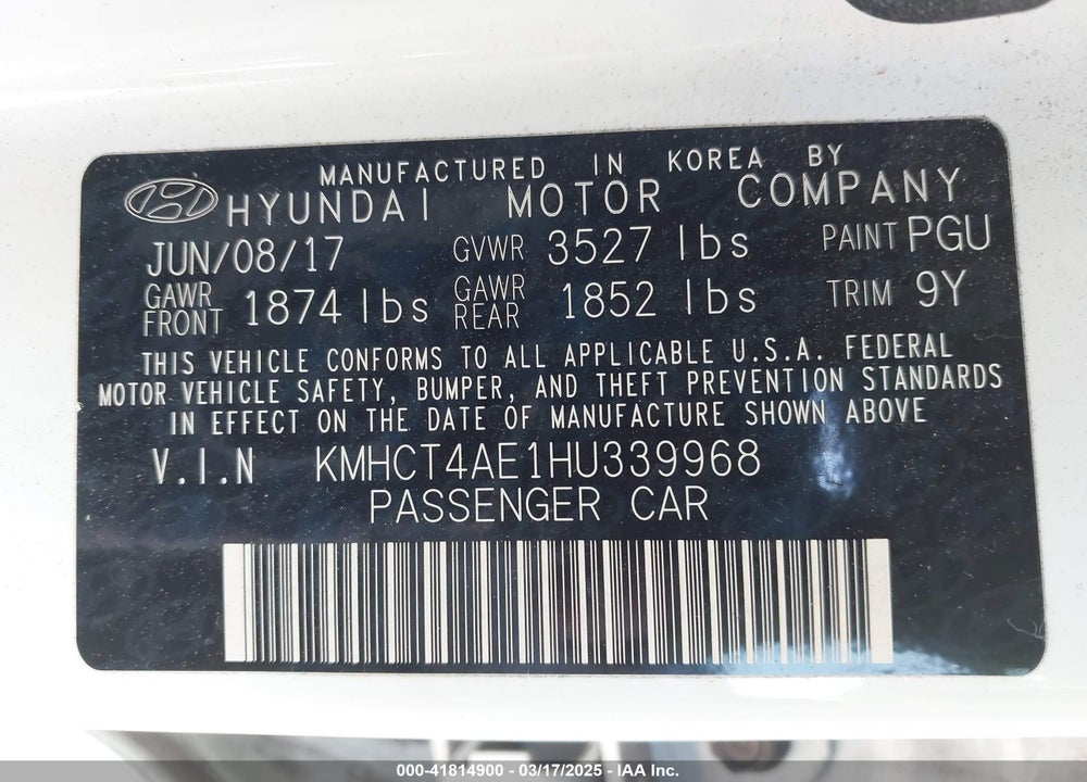 2017 HYUNDAI ACCENT SE VIN: KMHCT4AE1HU339968