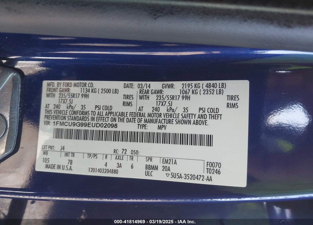2014 FORD ESCAPE VIN: 1FMCU9G99EUD02098