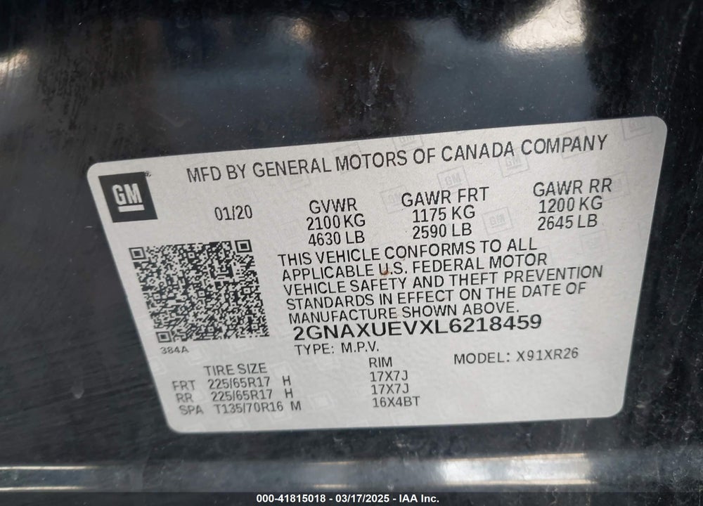 2020 CHEVROLET EQUINOX AWD LT 1.5L TURBO VIN: 2GNAXUEVXL6218459