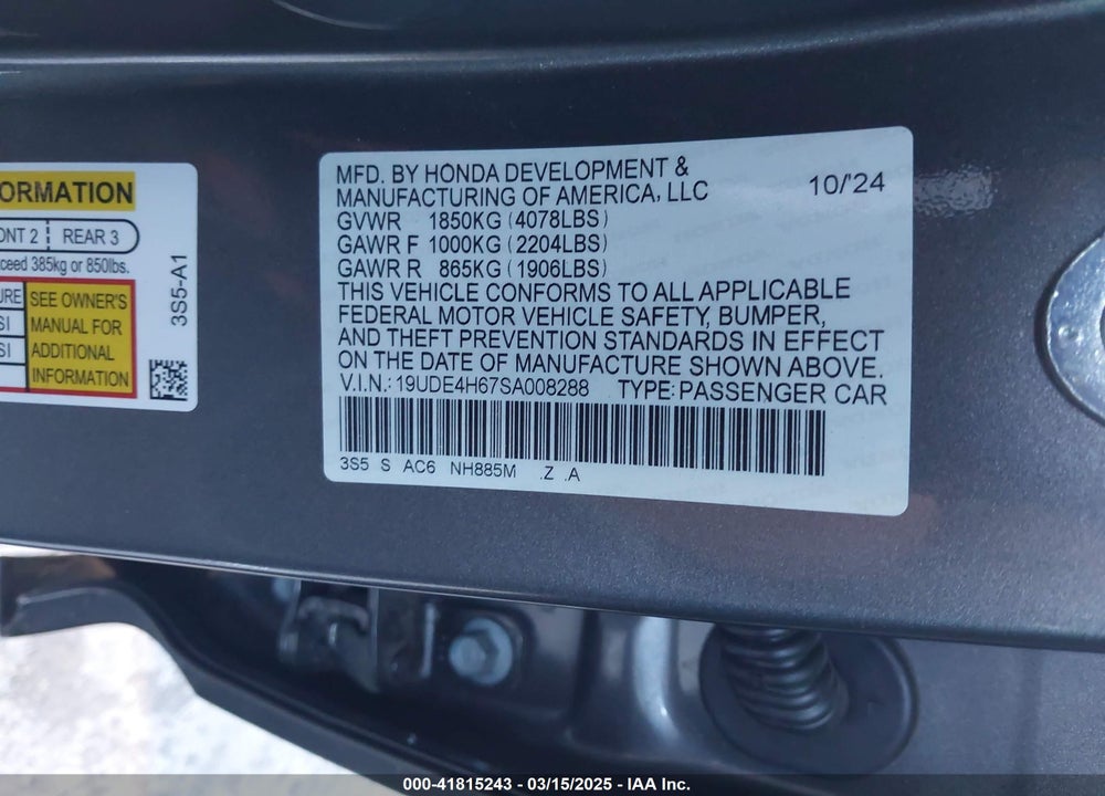 2025 ACURA INTEGRA A-SPEC TECHNOLOGY VIN: 19UDE4H67SA008288