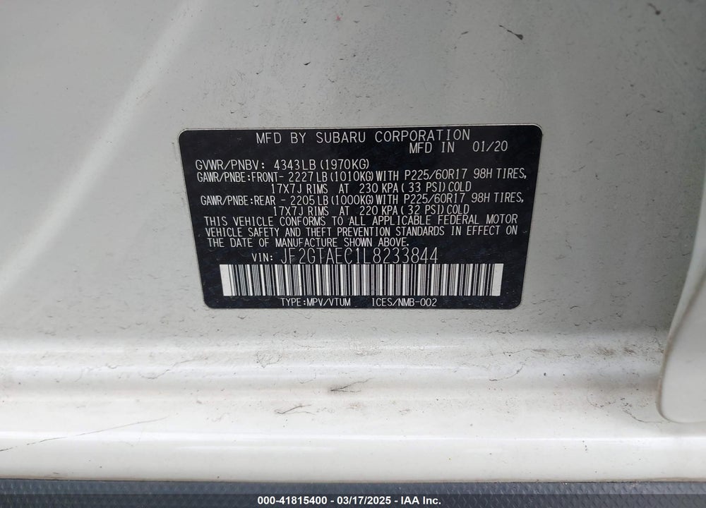 2020 SUBARU CROSSTREK PREMIUM VIN: JF2GTAEC1L8233844