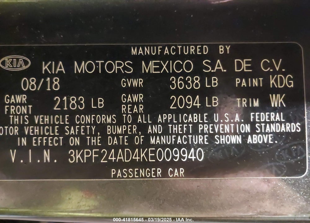 2019 KIA FORTE VIN: 3KPF24AD4KE009940