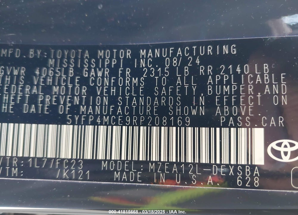 2024 TOYOTA COROLLA VIN: 5YFP4MCE9RP208169
