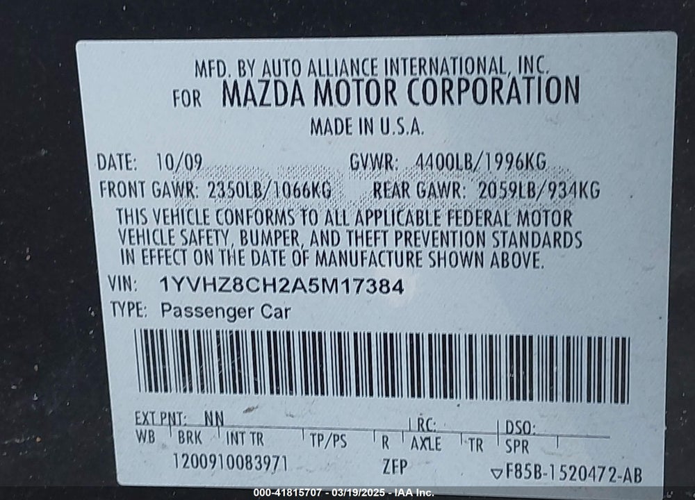 2010 MAZDA 6 VIN: 1YVHZ8CH2A5M17384