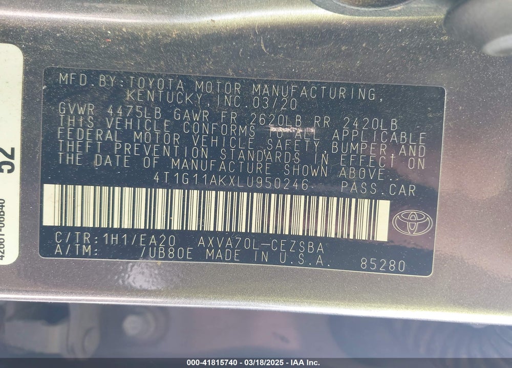 2020 TOYOTA CAMRY SE VIN: 4T1G11AKXLU950246