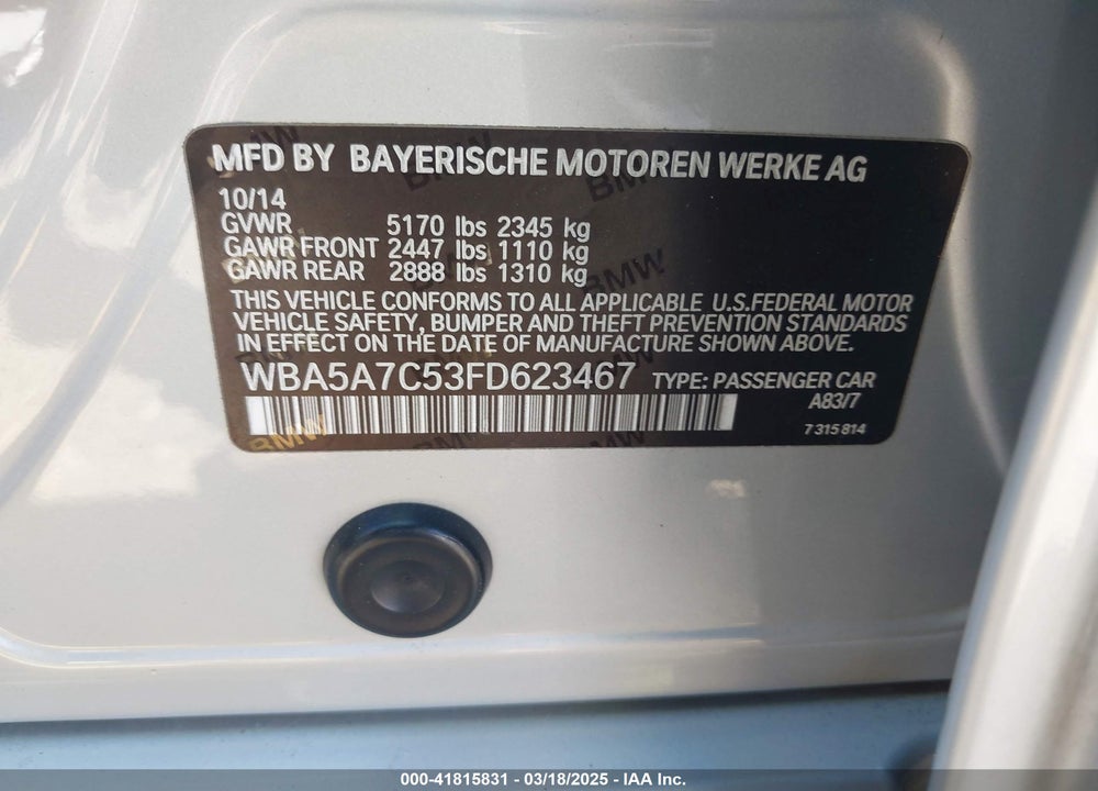 2015 BMW 5 SERIES VIN: WBA5A7C53FD623467