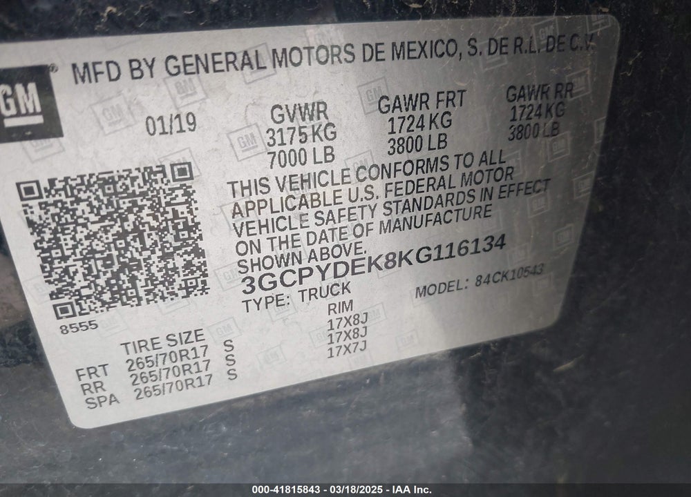 2019 CHEVROLET SILVERADO 1500 LT VIN: 3GCPYDEK8KG116134