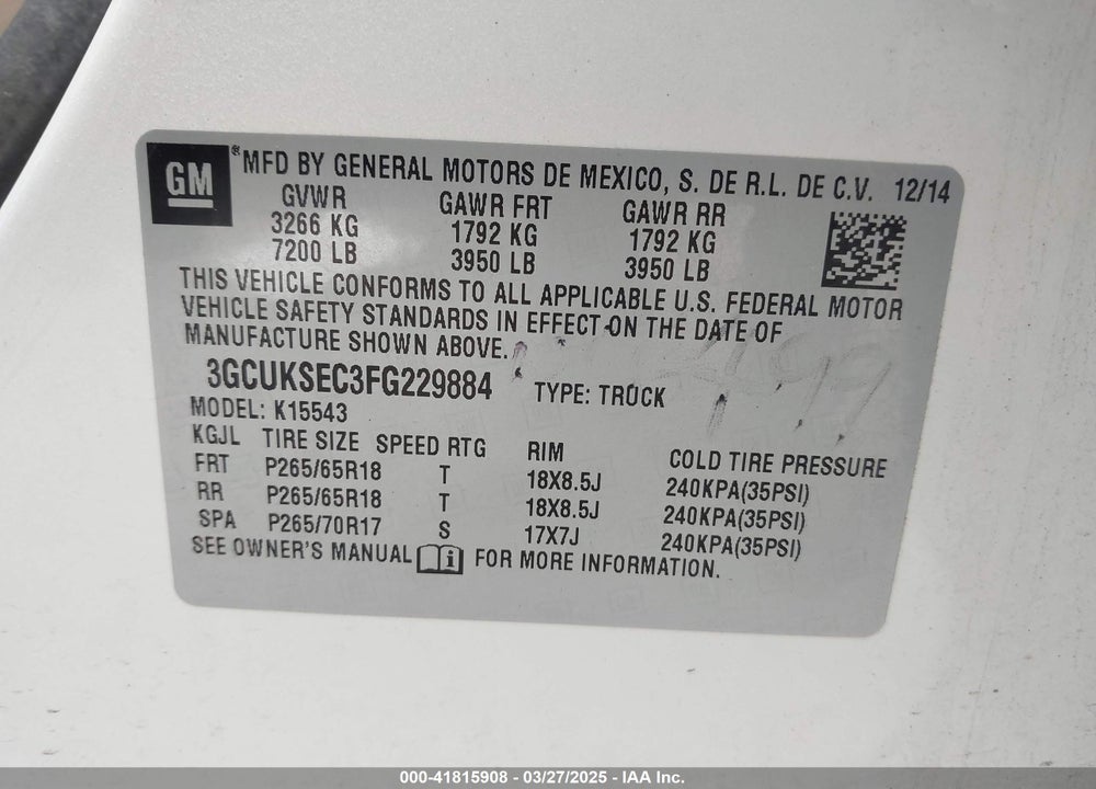 2015 CHEVROLET SILVERADO 1500 VIN: 3GCUKSEC3FG229884