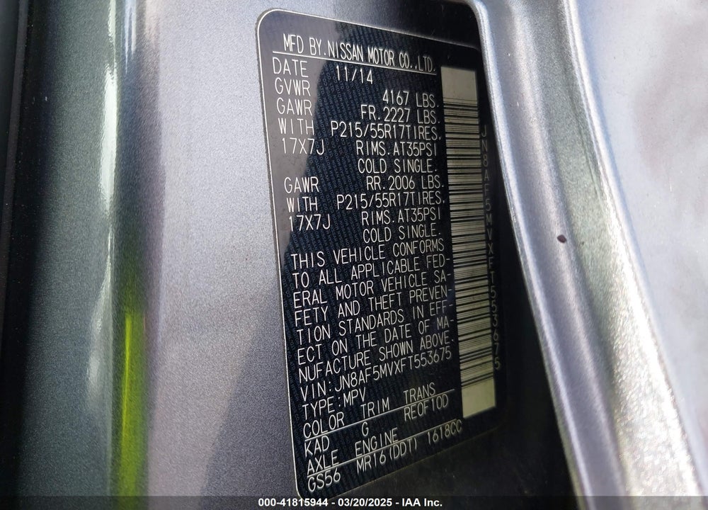 2015 NISSAN JUKE S VIN: JN8AF5MVXFT553675