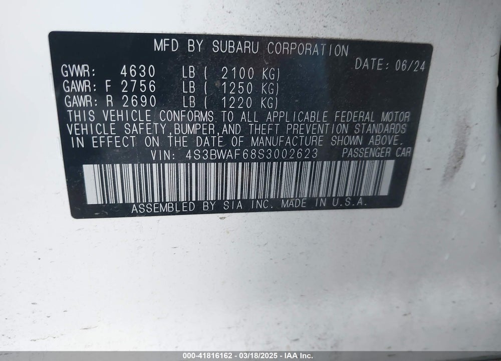 2025 SUBARU LEGACY VIN: 4S3BWAF68S3002623