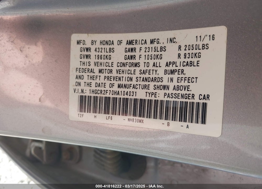 2017 HONDA ACCORD EX VIN: 1HGCR2F70HA104031