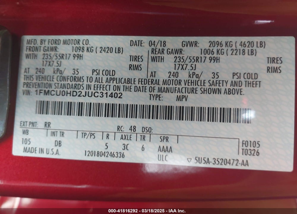 2018 FORD ESCAPE VIN: 1FMCU0HD2JUC31402