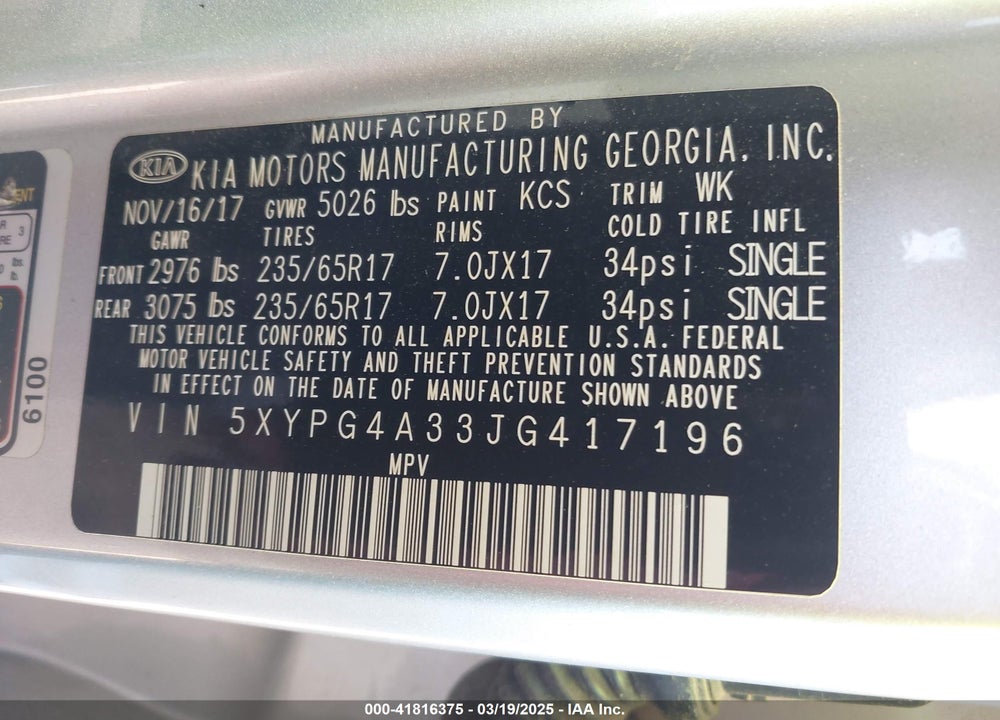 2018 KIA SORENTO VIN: 5XYPG4A33JG417196