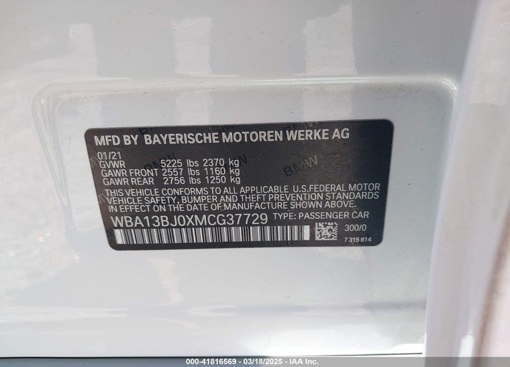 2021 BMW 530I XDRIVE VIN: WBA13BJ0XMCG37729