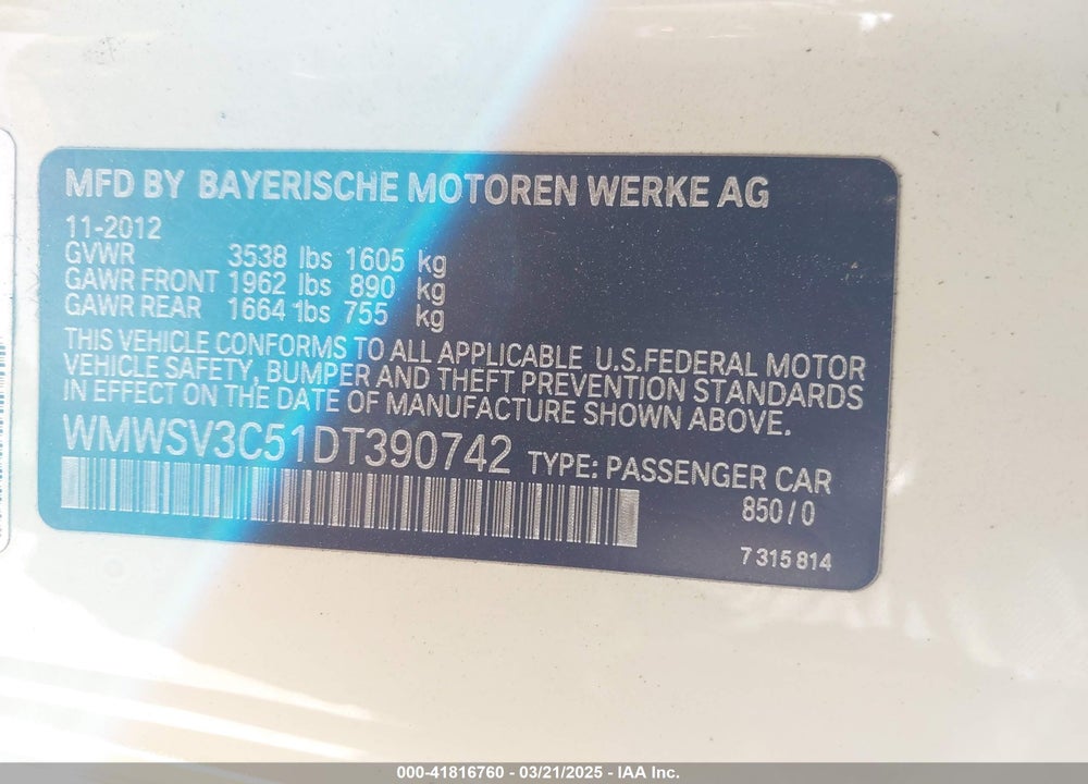 2013 MINI HARDTOP COOPER S VIN: WMWSV3C51DT390742