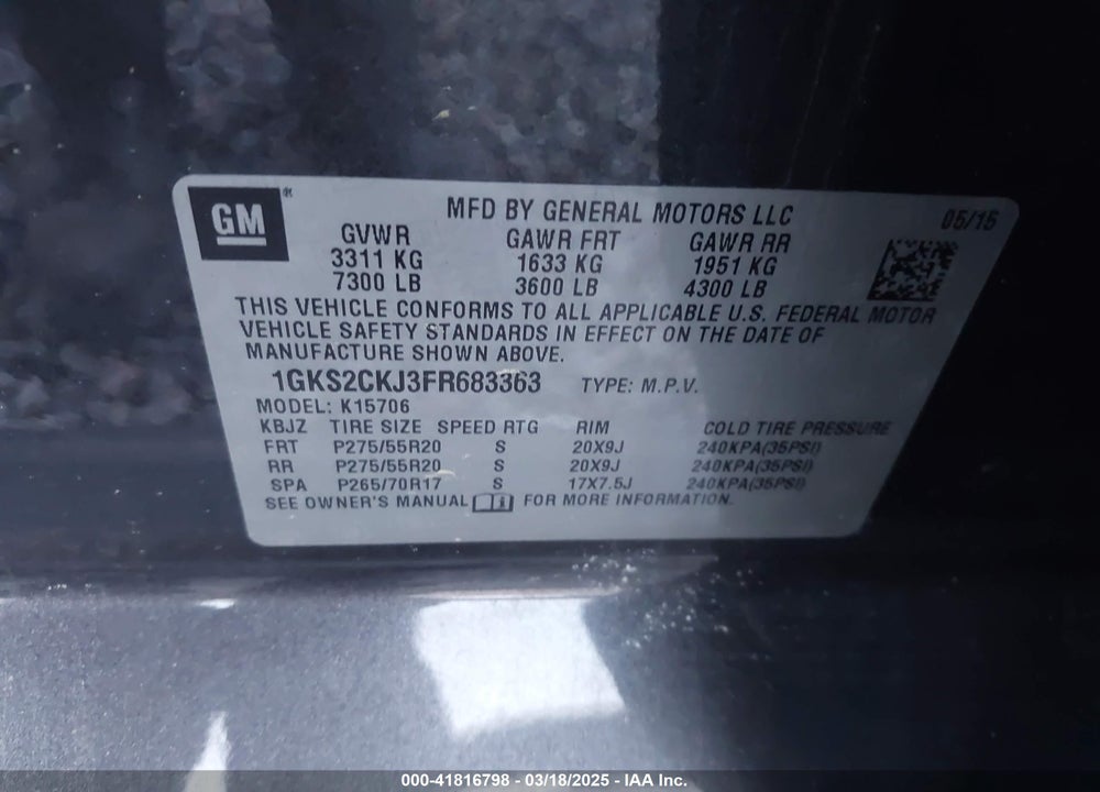 2015 GMC YUKON DENALI VIN: 1GKS2CKJ3FR683363
