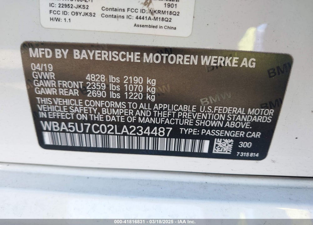 2020 BMW 3 SERIES VIN: WBA5U7C02LA234487