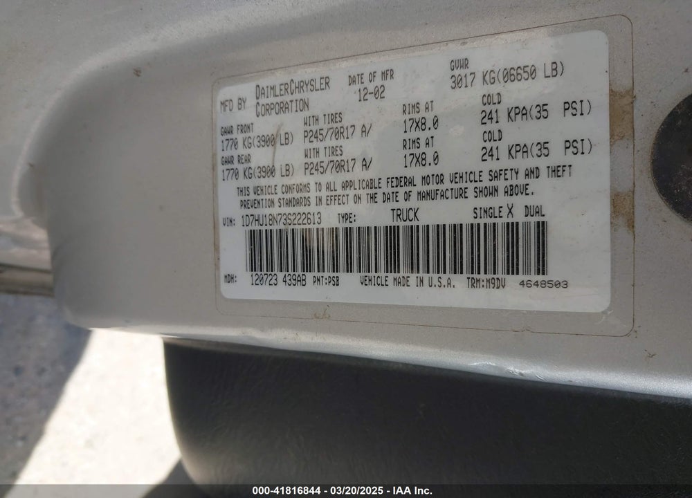 2003 DODGE RAM 1500 SLT/LARAMIE/ST VIN: 1D7HU18N73S222613