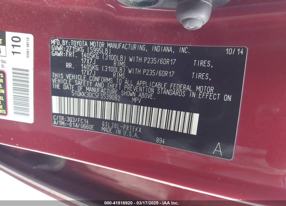 2015 TOYOTA SIENNA VIN: 5TDKK3DC5FS539082