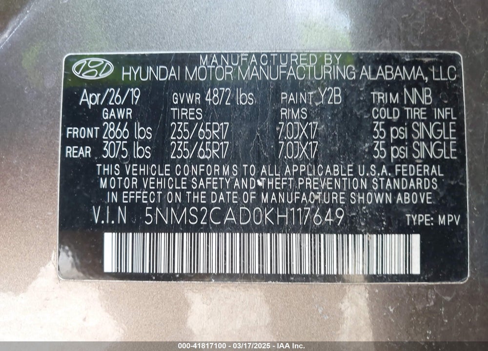 2019 HYUNDAI SANTA FE VIN: 5NMS2CAD0KH117649