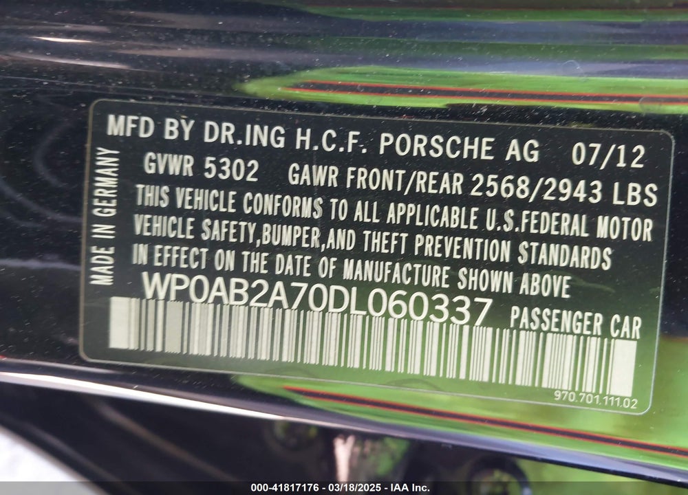 2013 PORSCHE PANAMERA VIN: WP0AB2A70DL060337