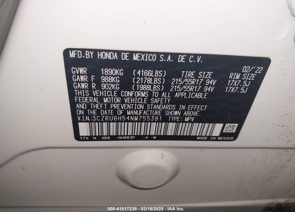2022 HONDA HR-V AWD EX VIN: 3CZRU6H54NM755391