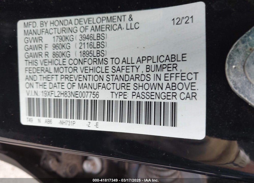 2022 HONDA CIVIC VIN: 19XFL2H83NE007756