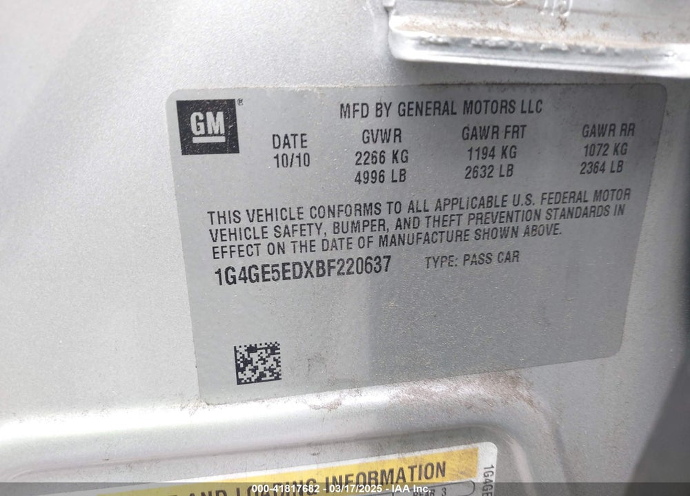2011 BUICK LACROSSE CXS VIN: 1G4GE5EDXBF220637