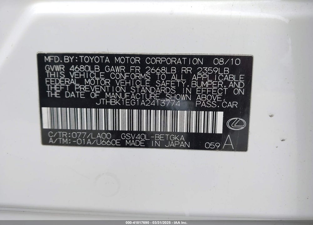 2010 LEXUS ES 350 VIN: JTHBK1EG1A2413774