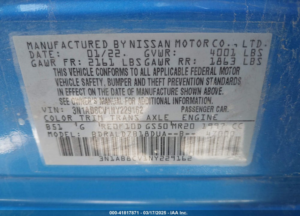 2022 NISSAN SENTRA VIN: 3N1AB8CV1NY229162
