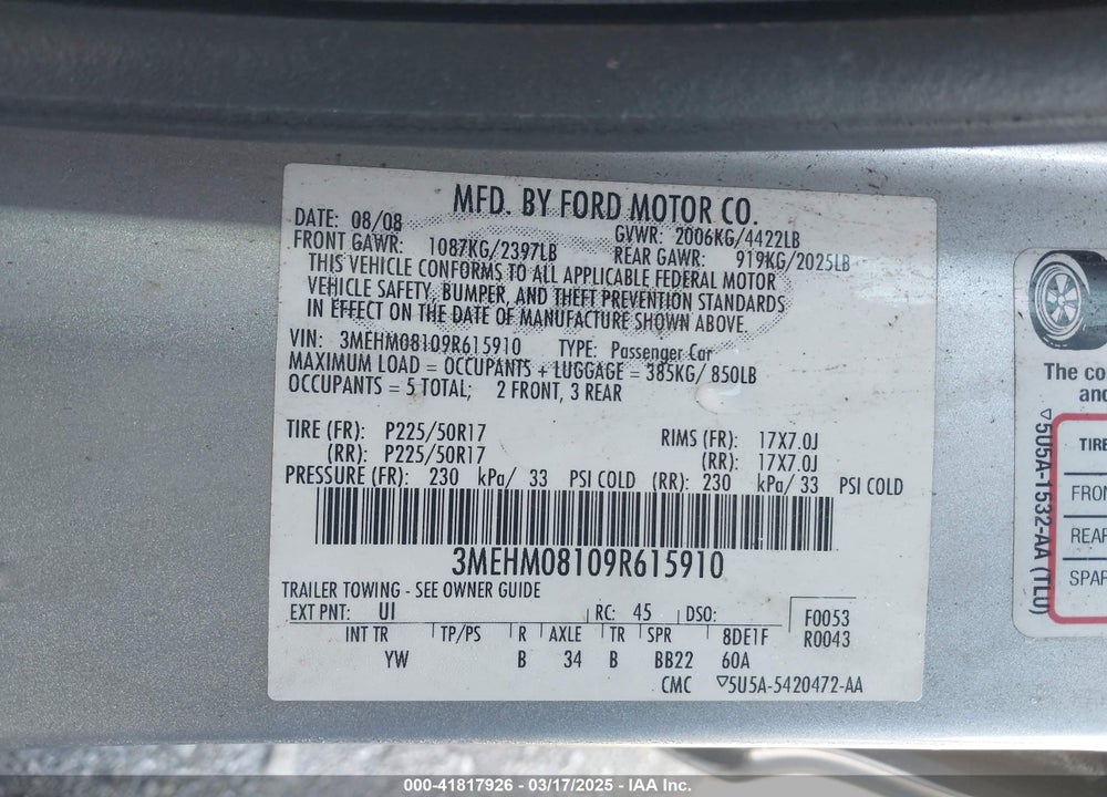 2009 MERCURY MILAN VIN: 3MEHM08109R615910