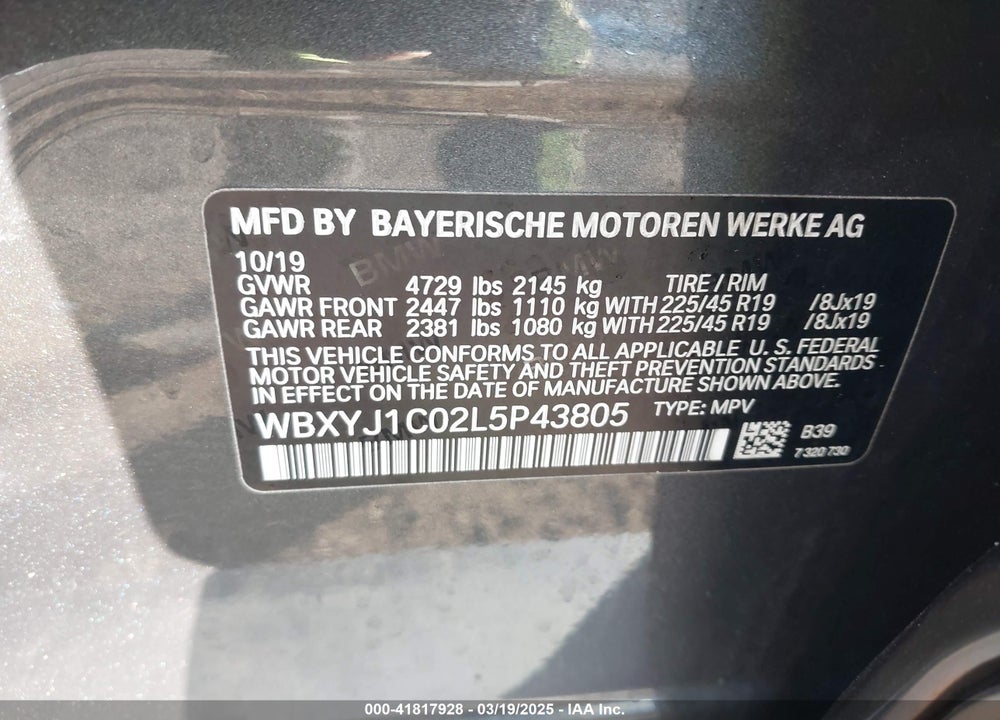 2020 BMW X2 VIN: WBXYJ1C02L5P43805