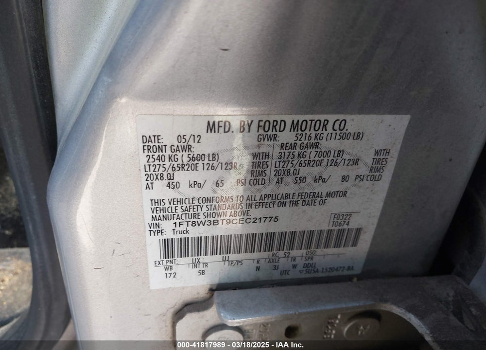 2012 FORD F-350 LARIAT VIN: 1FT8W3BT9CEC21775