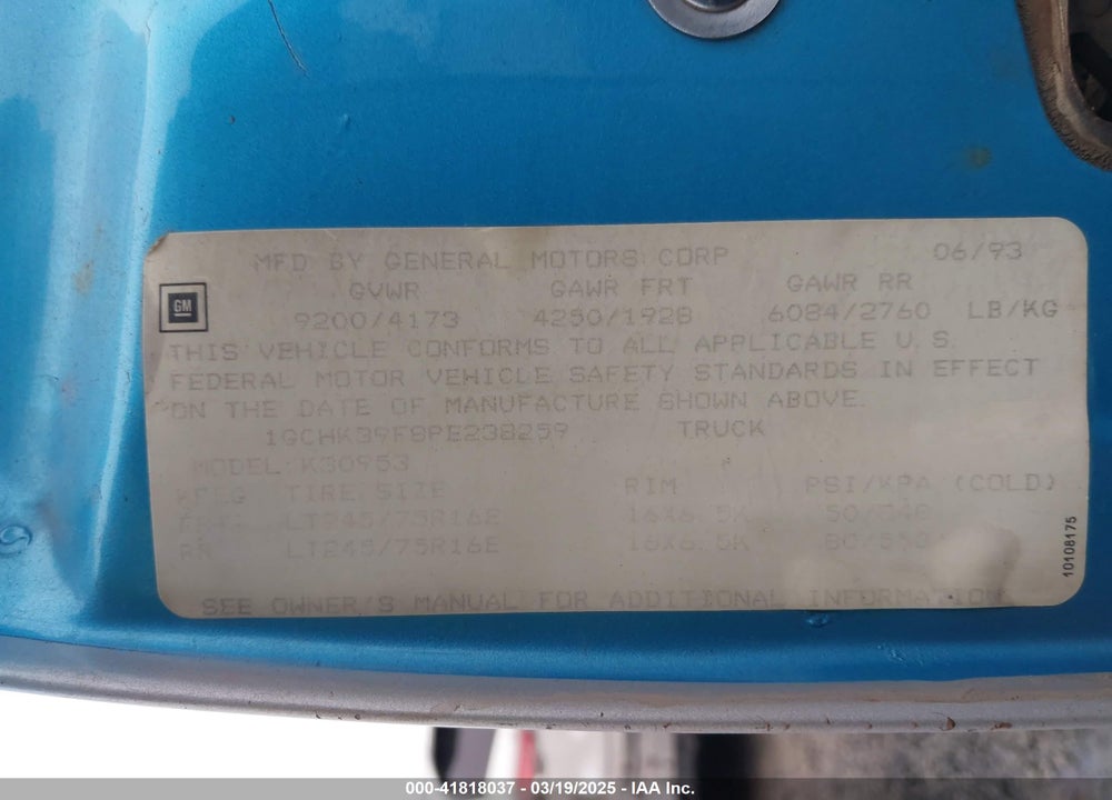 1993 CHEVROLET GMT-400 K3500 VIN: 1GCHK39F8PE238259