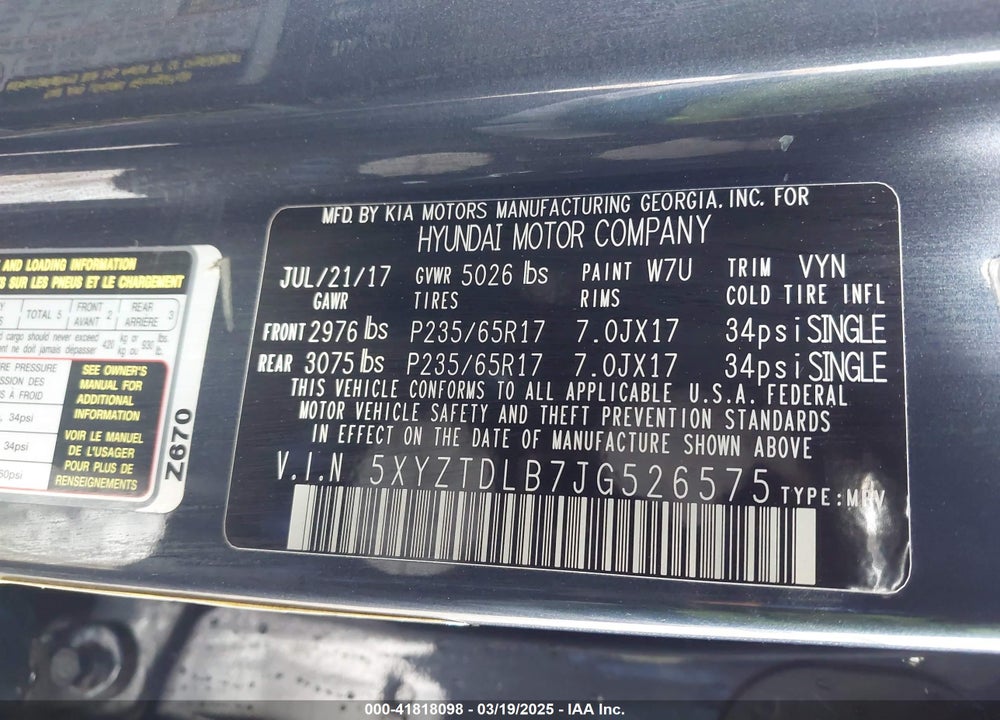 2018 HYUNDAI SANTA FE SPORT 2.4L VIN: 5XYZTDLB7JG526575