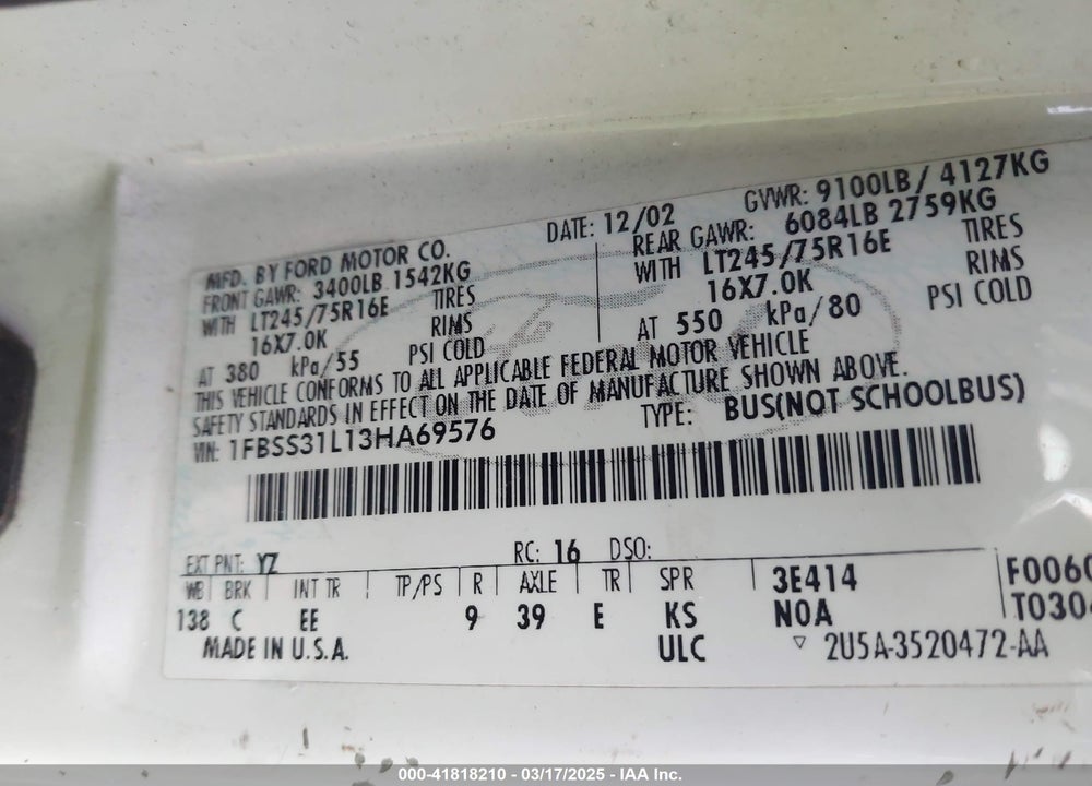 2003 FORD E-350 SUPER DUTY XL/XLT VIN: 1FBSS31L13HA69576