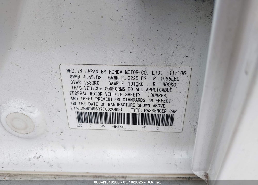 2007 HONDA ACCORD 2.4 SE VIN: JHMCM56377C020690