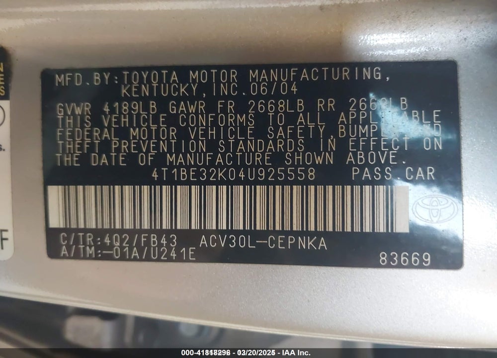 2004 TOYOTA CAMRY LE VIN: 4T1BE32K04U925558