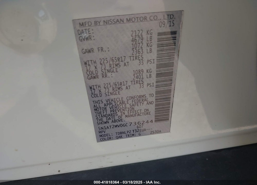 2016 NISSAN ROGUE VIN: 5N1AT2MV0GC736244
