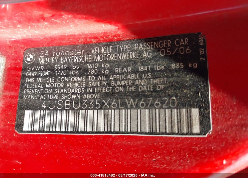 2006 BMW Z4 VIN: 4USBU335X6LW67620