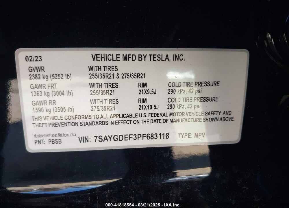 2023 TESLA MODEL Y PERFORMANCE DUAL MOTOR ALL-WHEEL DRIVE VIN: 7SAYGDEF3PF683118