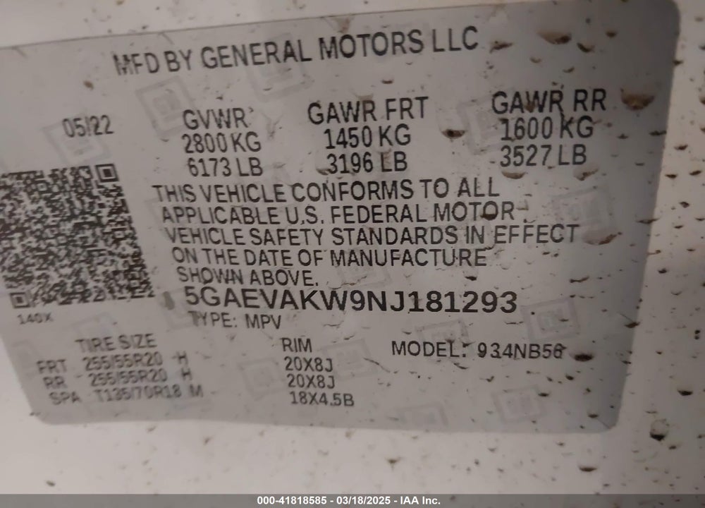 2022 BUICK ENCLAVE AWD ESSENCE VIN: 5GAEVAKW9NJ181293