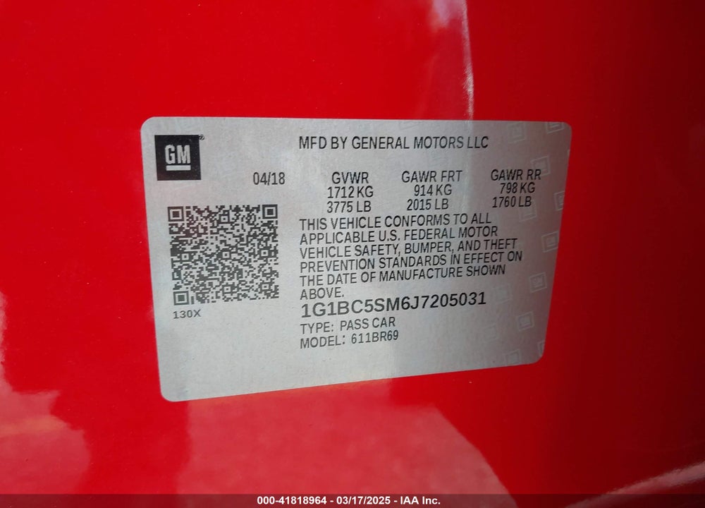 2018 CHEVROLET CRUZE LS AUTO VIN: 1G1BC5SM6J7205031