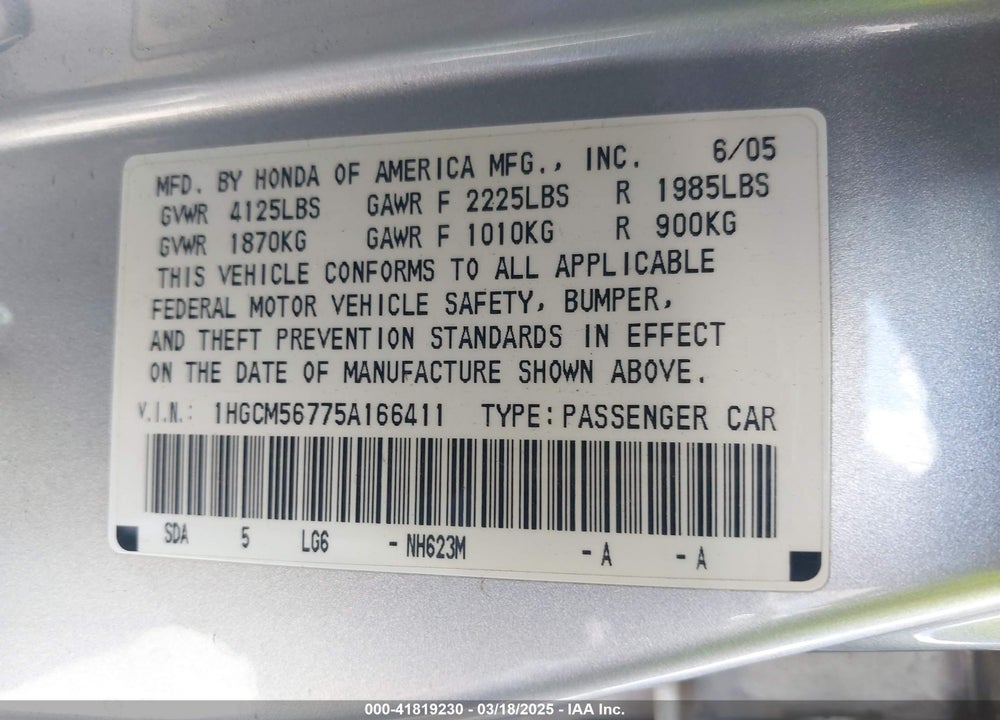 2005 HONDA ACCORD VIN: 1HGCM56775A166411