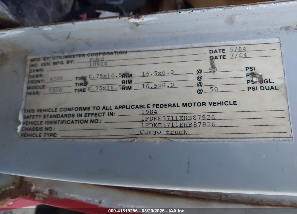 1984 FORD ECONOLINE E350 CUTAWAY VAN VIN: 1FDKE3711EHB87926
