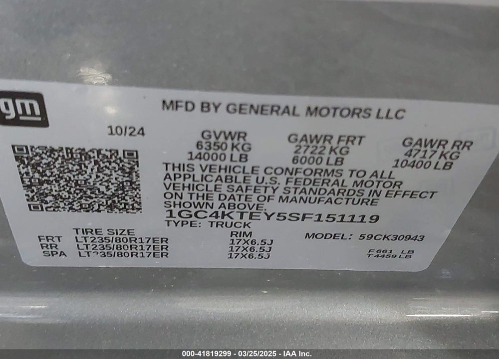 2025 CHEVROLET SILVERADO 3500HD 4WD  LONG BED LT VIN: 1GC4KTEY5SF151119