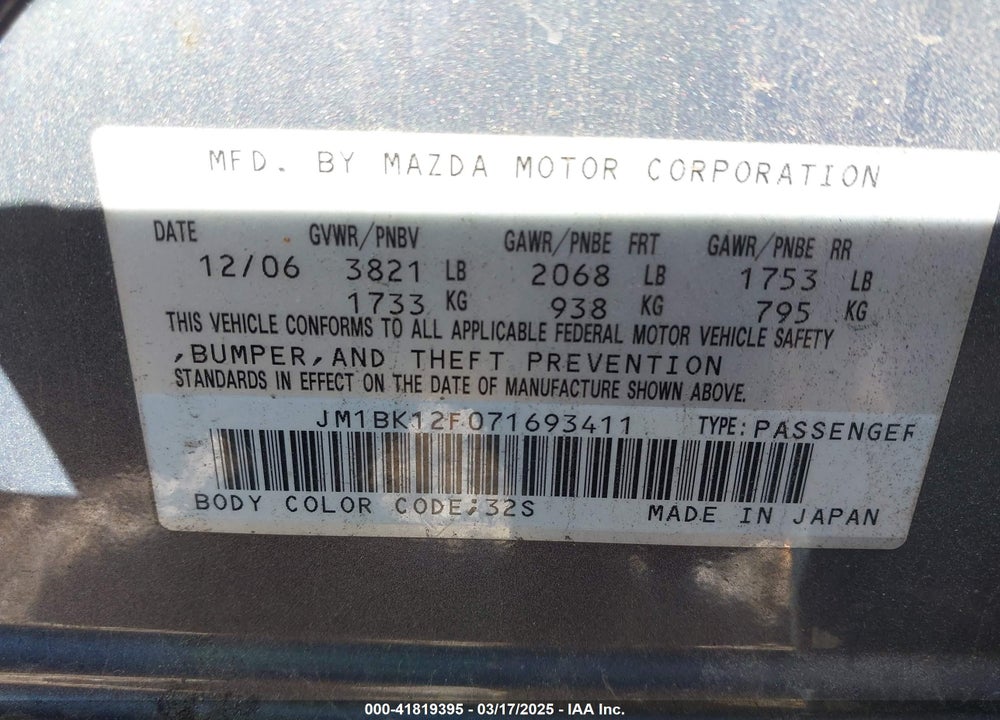 2007 MAZDA 3 I SPORT VIN: JM1BK12F071693411