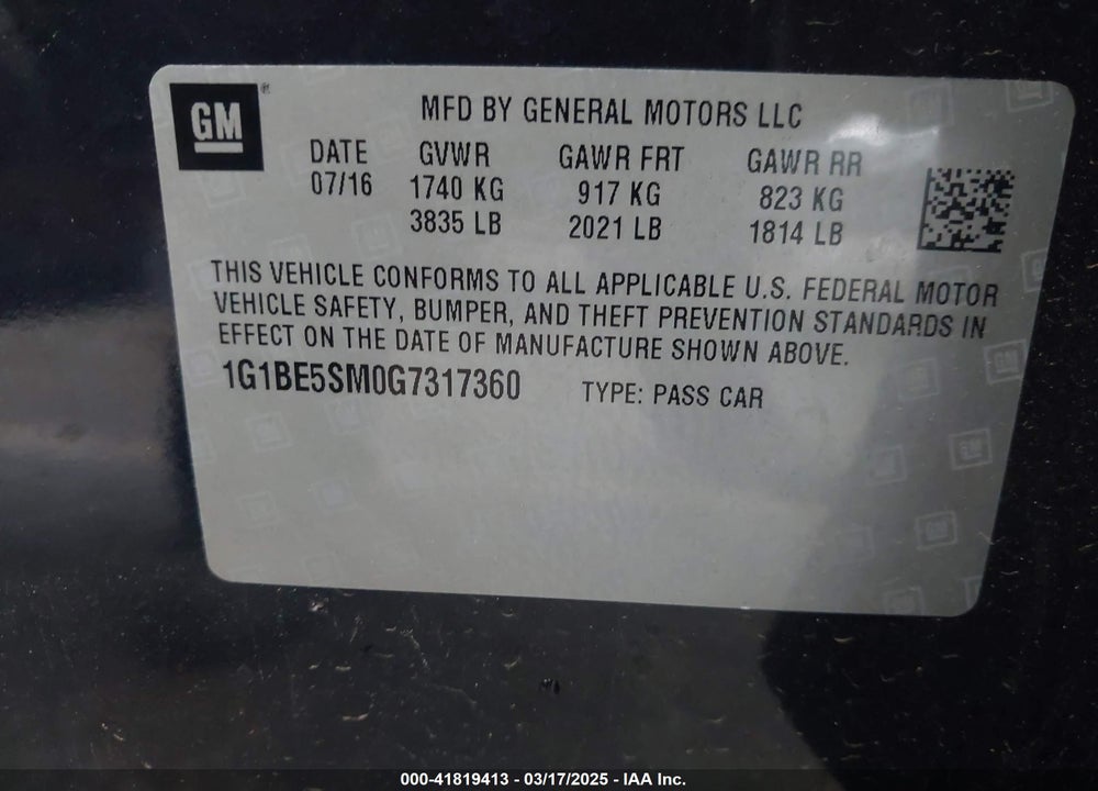 2016 CHEVROLET CRUZE LT AUTO VIN: 1G1BE5SM0G7317360