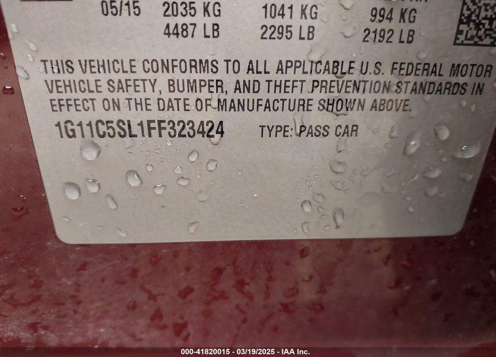 2015 CHEVROLET MALIBU 1LT VIN: 1G11C5SL1FF323424